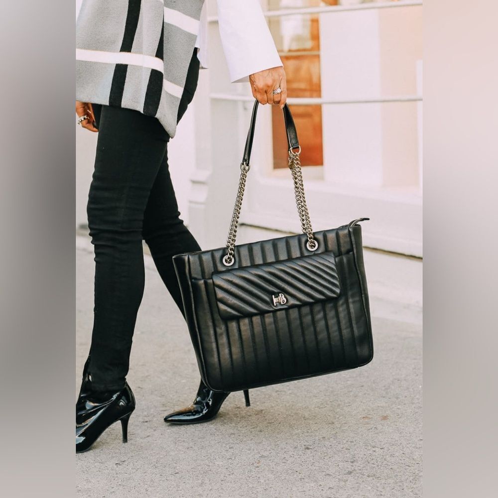 Henri Bendel Black Quilted Laptop Bag with chain handles